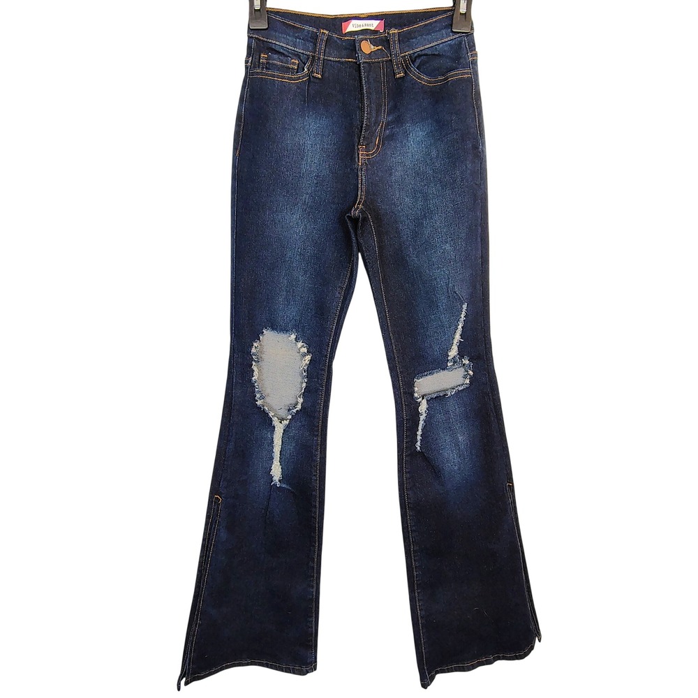 Vibe & Rant Womens Dark Wash Distressed‎ Side Slit Flare Jeans Size 1 W25 retro